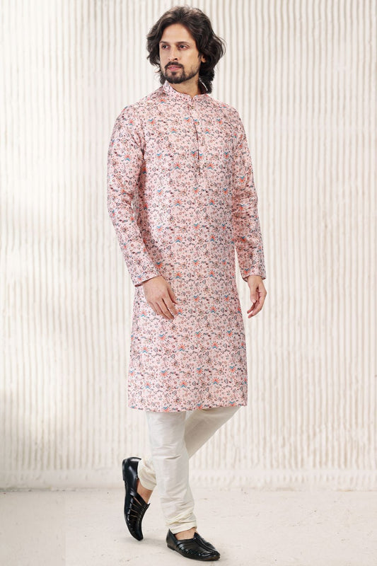 Printed Peach Banarasi Silk Kurta Pajama (NMK-6723) - Nihal Fashions