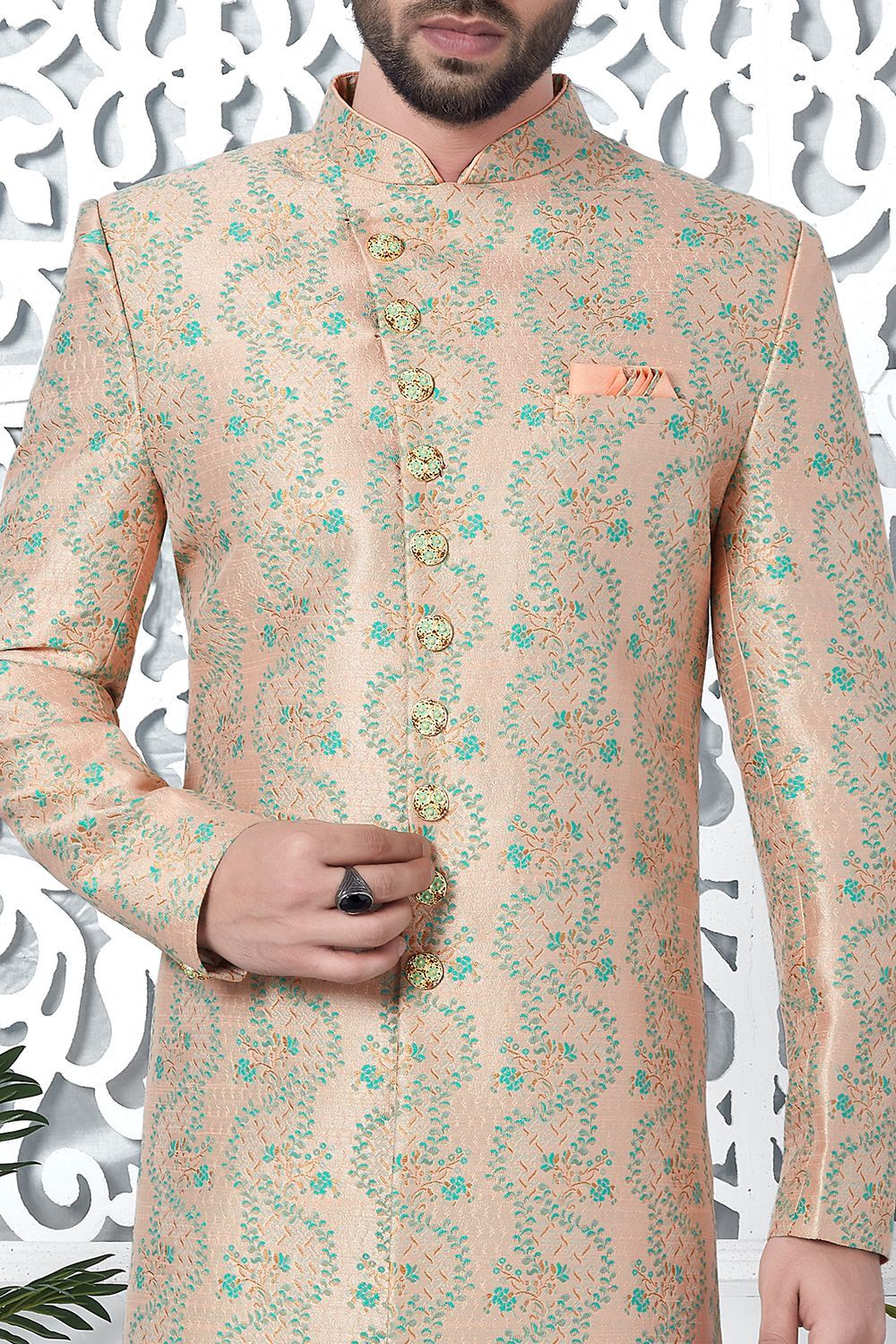 Printed Peach Jaquard Silk Indo Western (NMK-7195) - Nihal Fashions