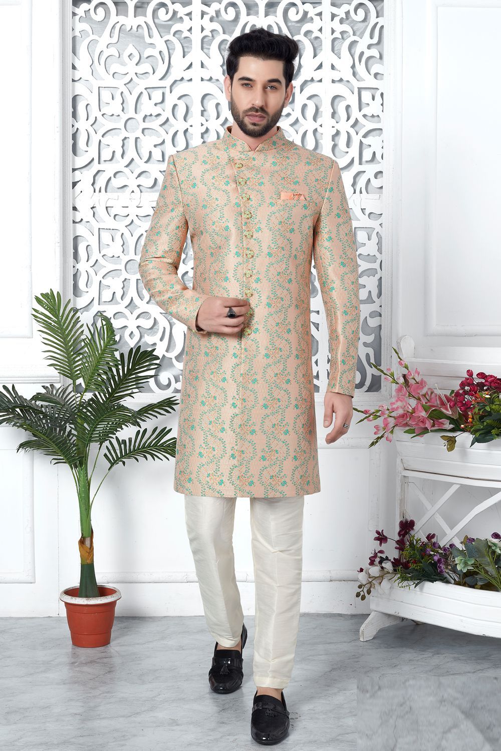 Printed Peach Jaquard Silk Indo Western (NMK-7195) - Nihal Fashions