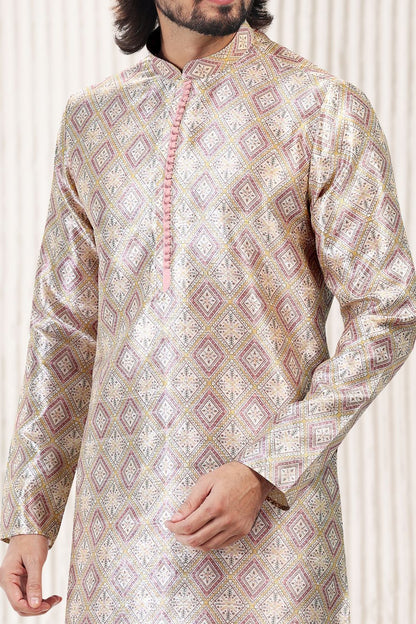 Printed Peach Silk Kurta Pajama (NMK-6715) - Nihal Fashions