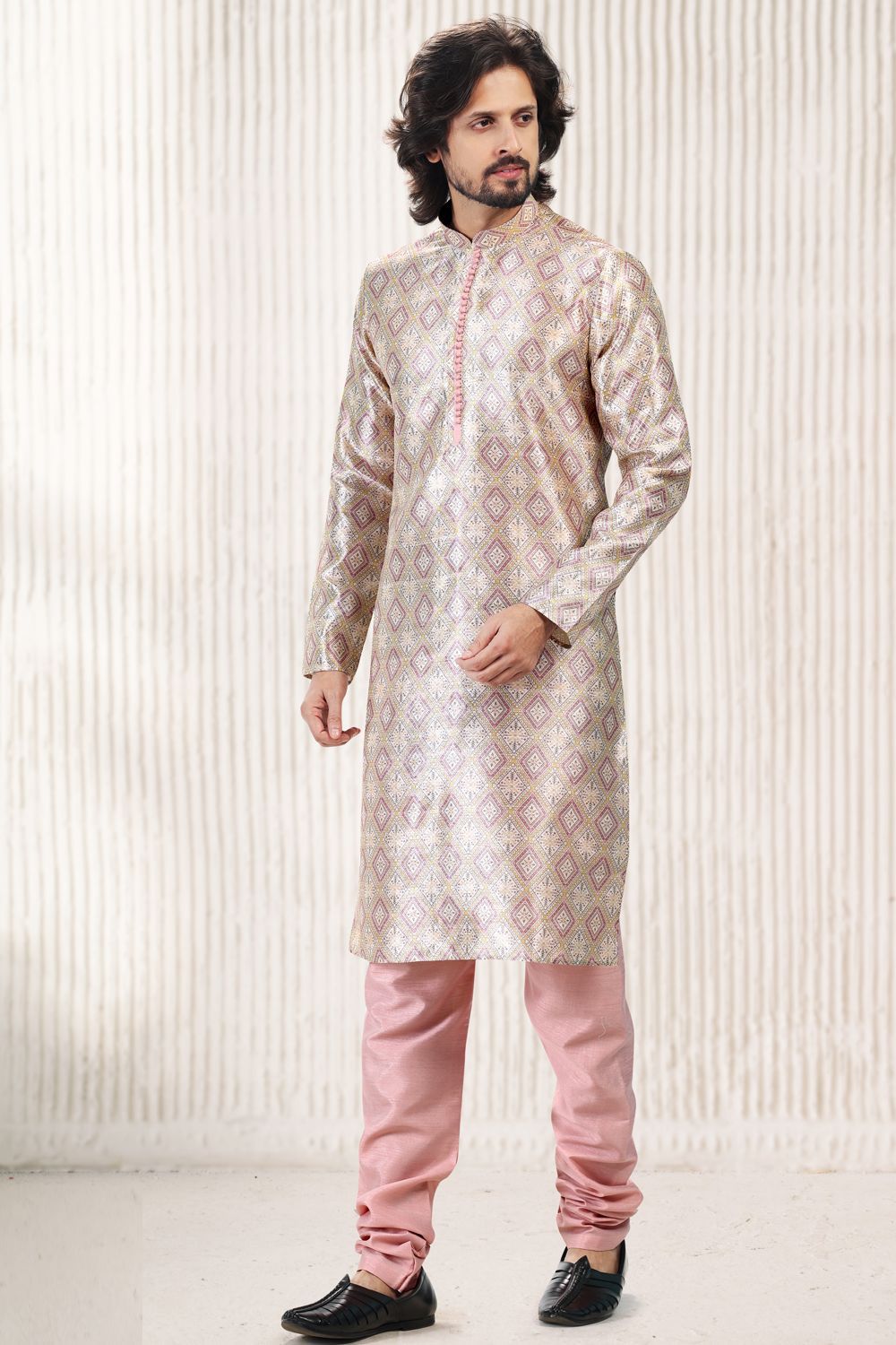 Printed Peach Silk Kurta Pajama (NMK-6715) - Nihal Fashions