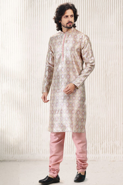 Printed Peach Silk Kurta Pajama (NMK-6715) - Nihal Fashions
