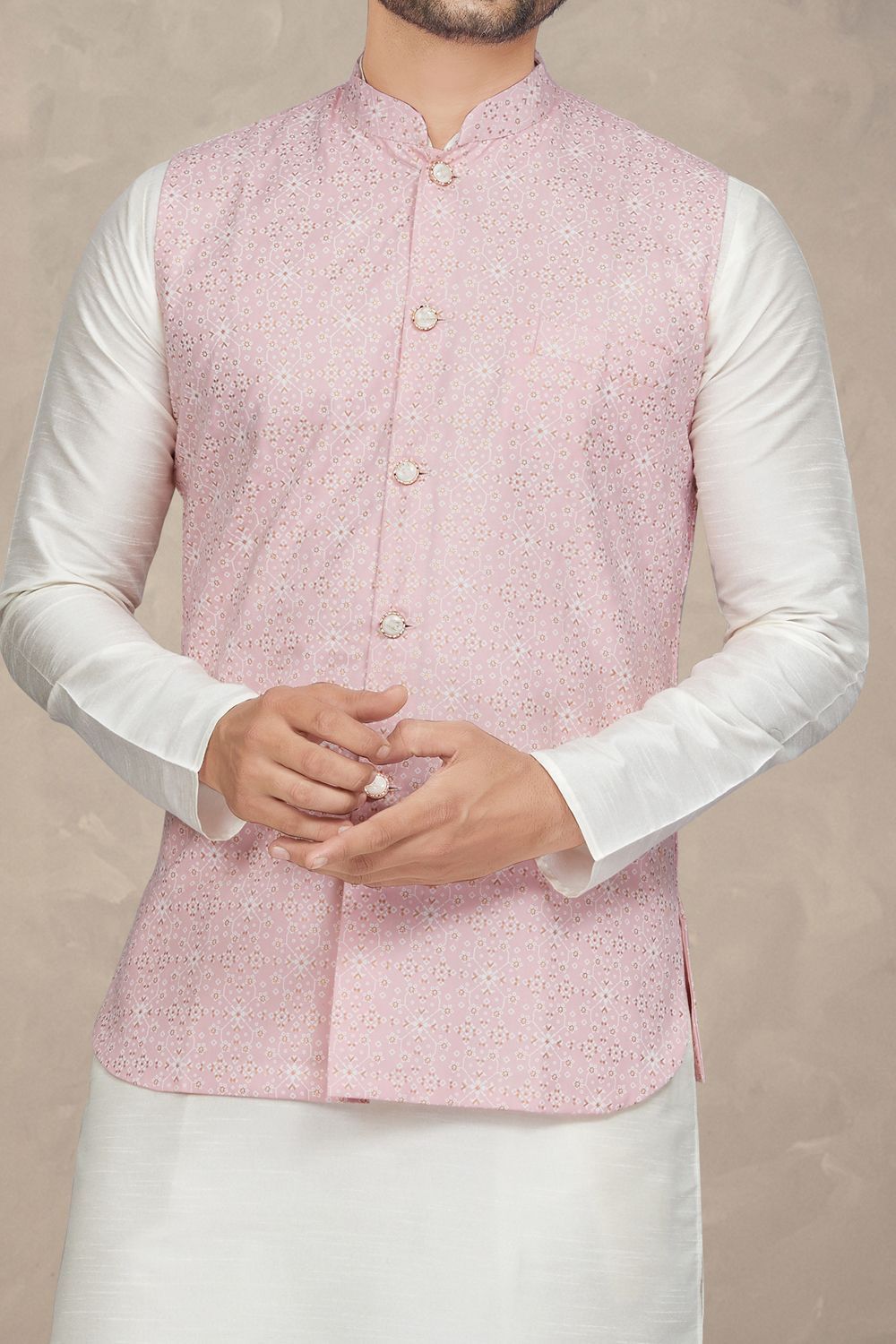 Printed Pink Art Silk Mens Nehru Jacket (NMK-6966) - Nihal Fashions