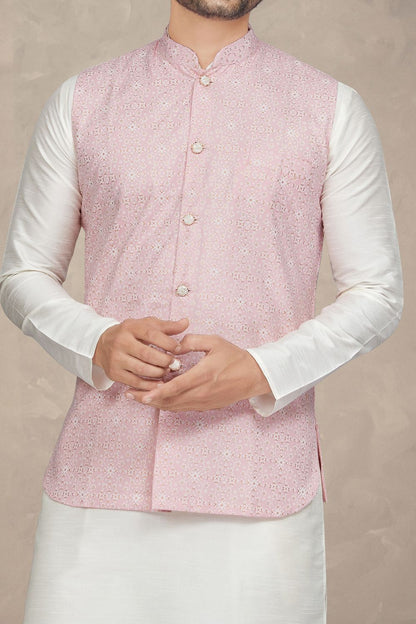 Printed Pink Art Silk Mens Nehru Jacket (NMK-6966) - Nihal Fashions
