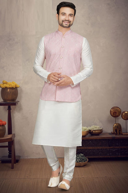 Printed Pink Art Silk Mens Nehru Jacket (NMK-6966) - Nihal Fashions