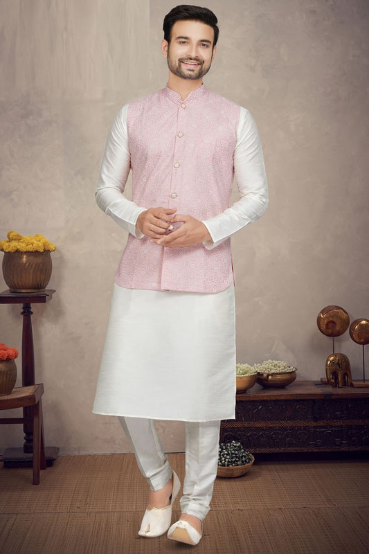 Printed Pink Art Silk Mens Nehru Jacket (NMK-6966) - Nihal Fashions