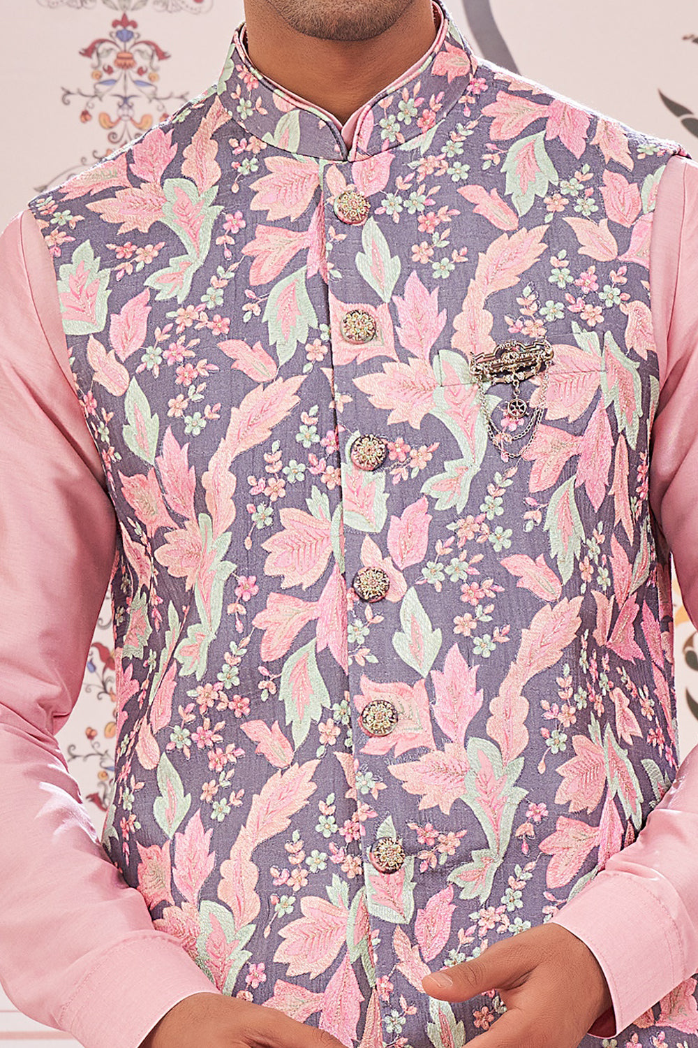 Printed Pink Art Silk Nehru Jacket (NMK-8072) - Nihal Fashions