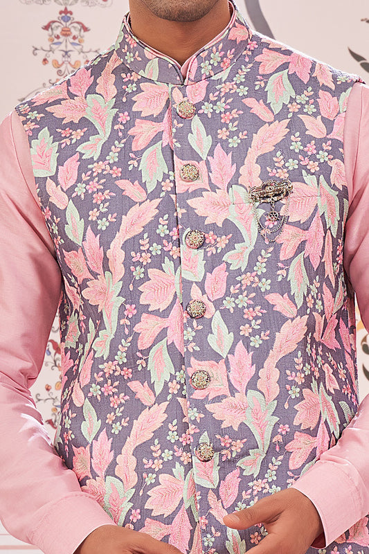 Printed Pink Art Silk Nehru Jacket (NMK-8072) - Nihal Fashions