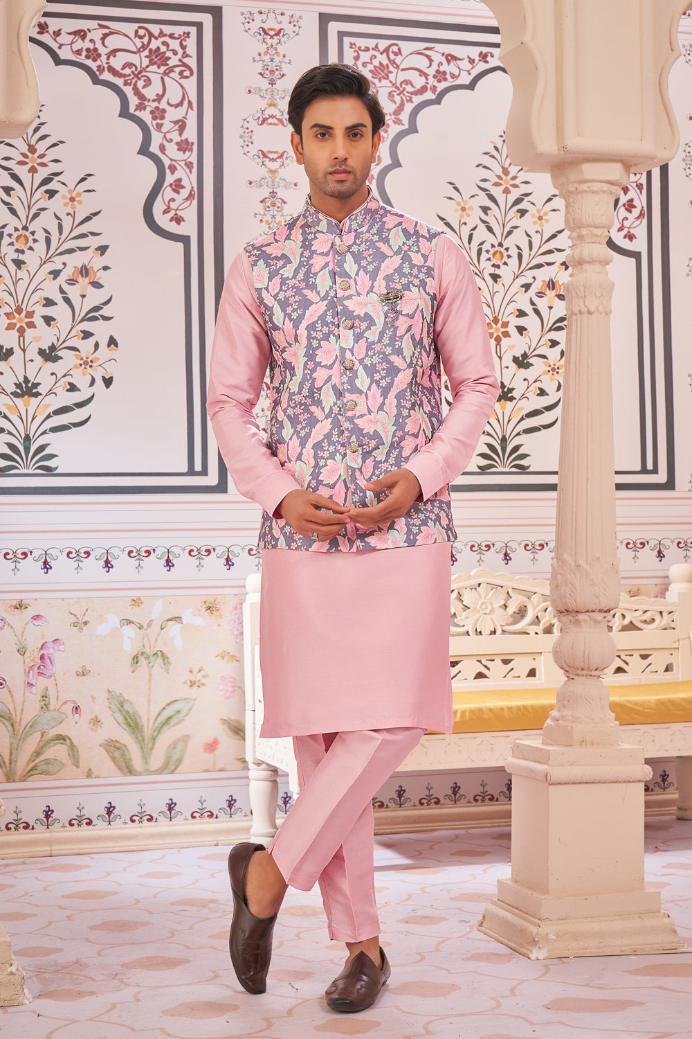 Printed Pink Art Silk Nehru Jacket (NMK-8072) - Nihal Fashions