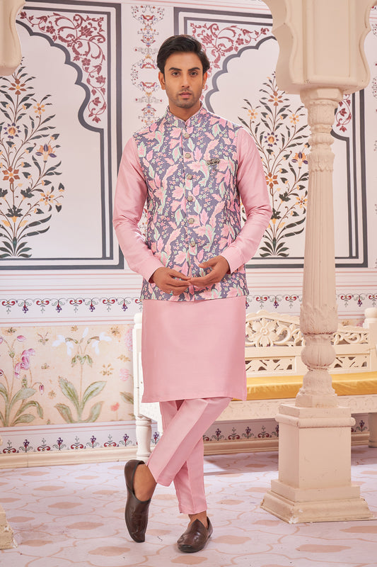 Printed Pink Art Silk Nehru Jacket (NMK-8072) - Nihal Fashions
