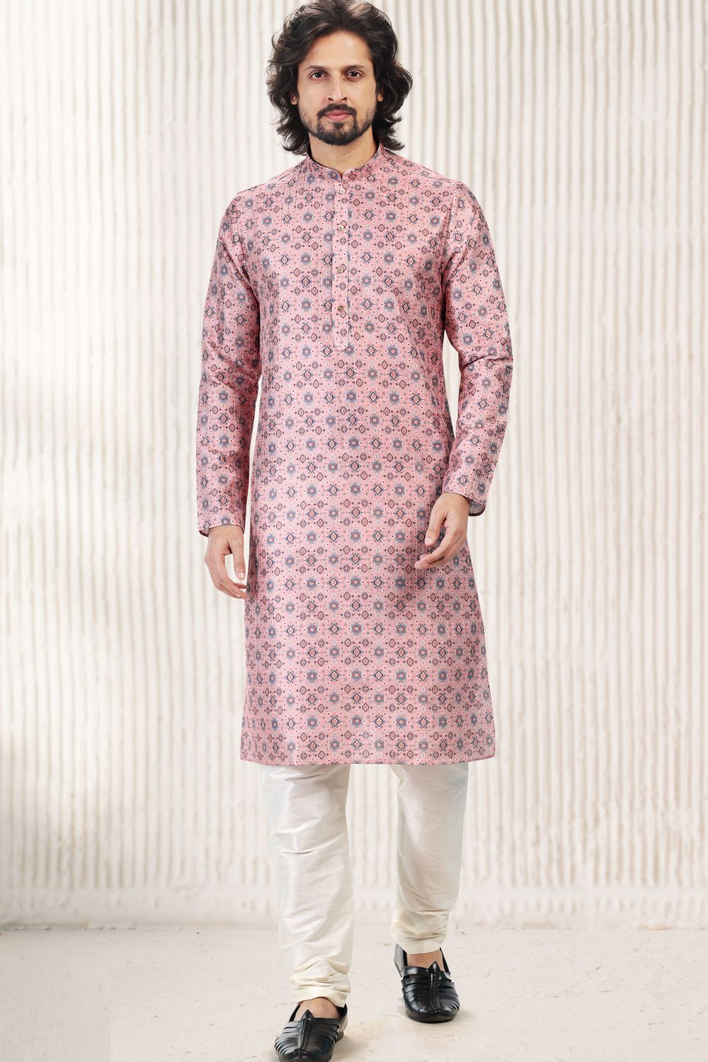 Printed Pink Silk Kurta Pajama for Men (NMK-6717) - Nihal Fashions