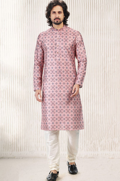 Printed Pink Silk Kurta Pajama for Men (NMK-6717) - Nihal Fashions