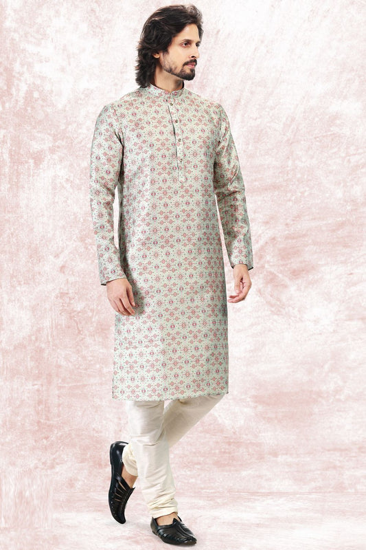 Printed Pista Green Silk Kurta Pajama (NMK-6720) - Nihal Fashions