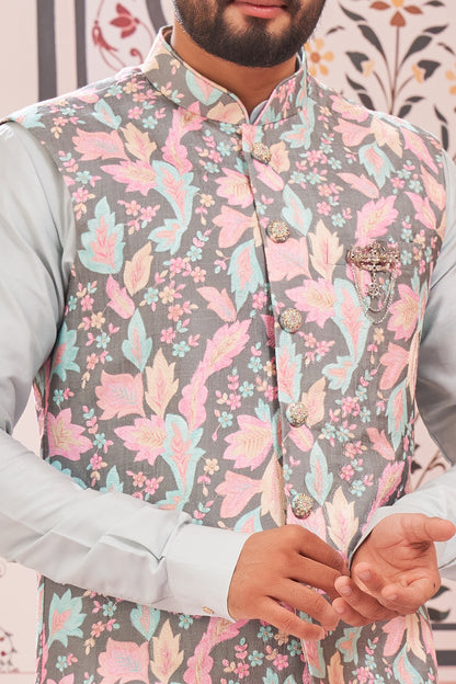 Printed Sky Blue Art Silk Nehru Jacket (NMK-8073) - Nihal Fashions