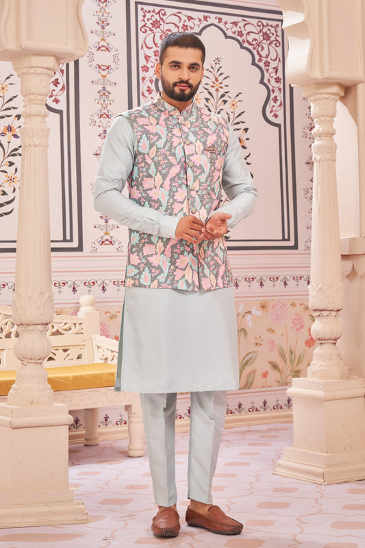 Printed Sky Blue Art Silk Nehru Jacket (NMK-8073) - Nihal Fashions