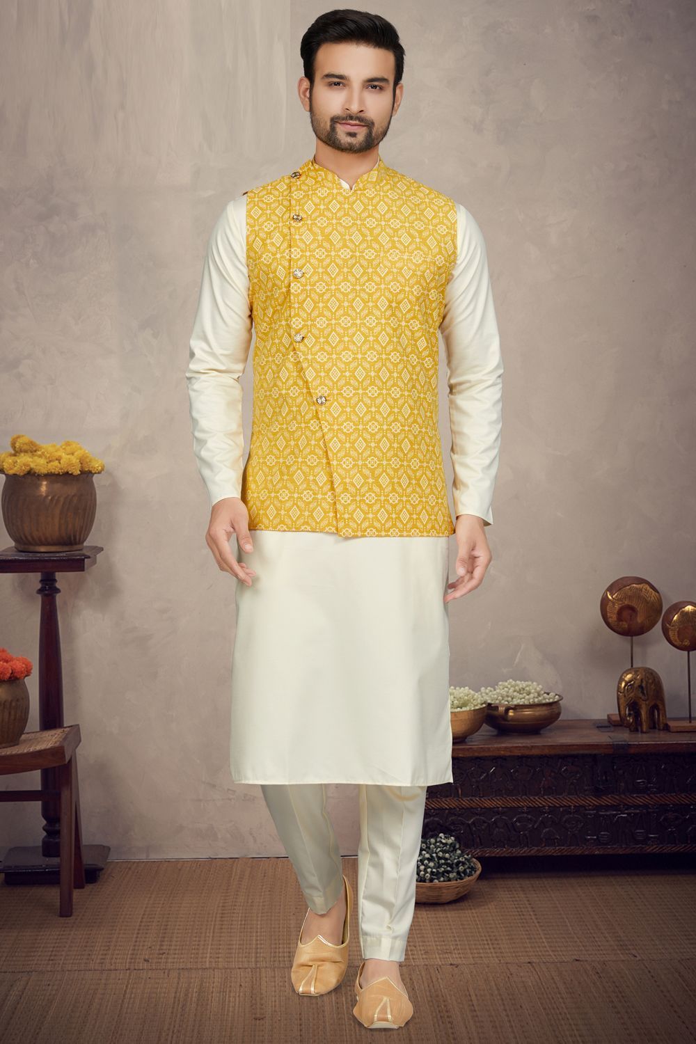 Printed Yellow Cotton Mens Nehru Jacket (NMK-6954) - Nihal Fashions