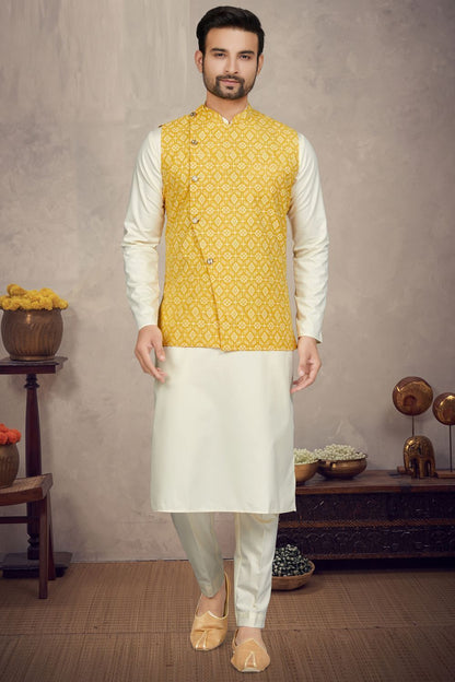 Printed Yellow Cotton Mens Nehru Jacket (NMK-6954) - Nihal Fashions