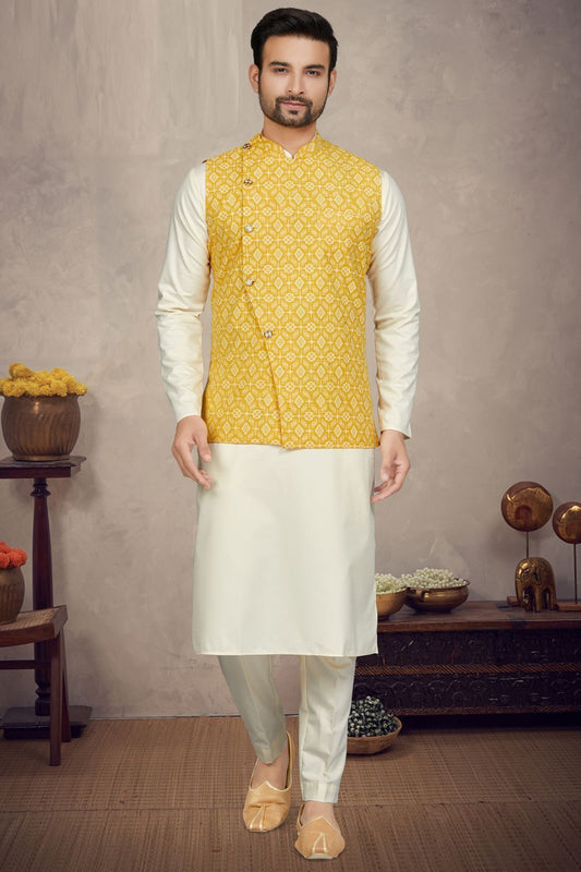 Printed Yellow Cotton Mens Nehru Jacket (NMK-6954) - Nihal Fashions