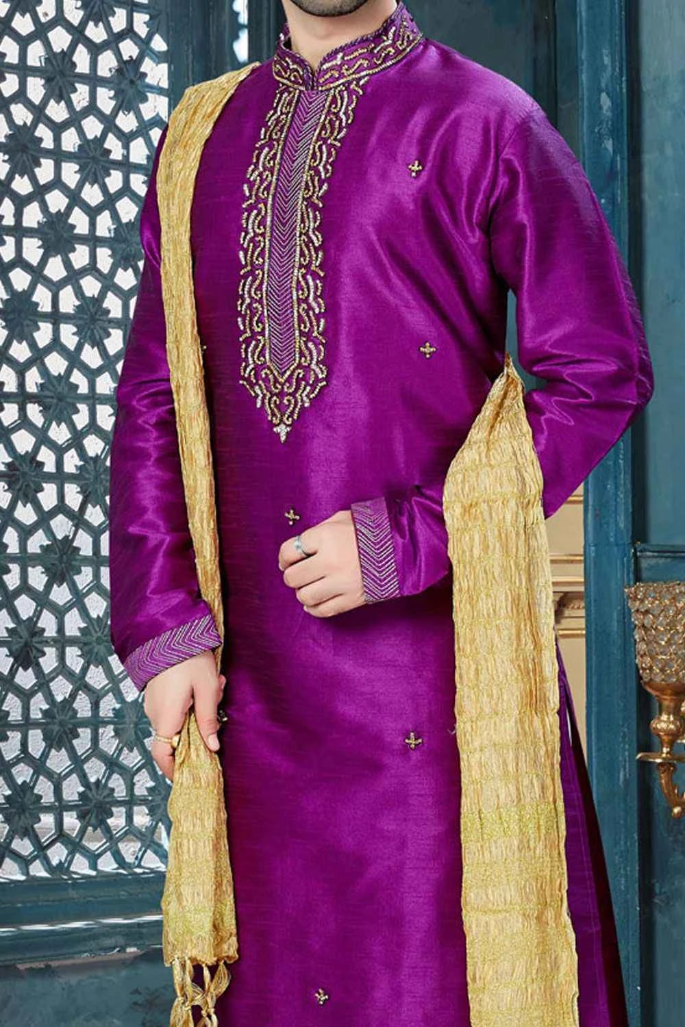 Purple Art Dupion Mens Kurta Pajama (NMK-3809)