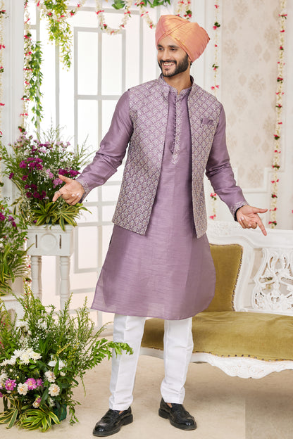 Purple Art Silk 3 piece Jacket Set (NMK-7971) - Nihal Fashions