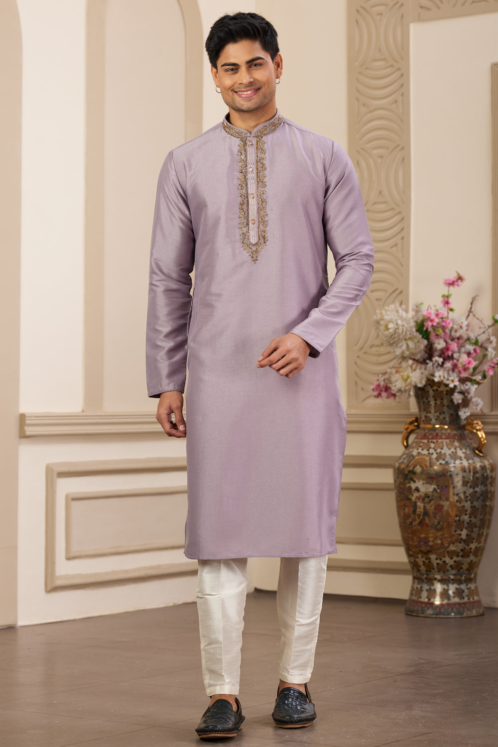 Purple Banarasi Art Silk Kurta Pajama (NMK-8465) - Nihal Fashions