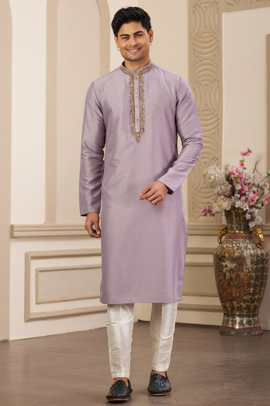 Purple Banarasi Art Silk Kurta Pajama (NMK-8465) - Nihal Fashions