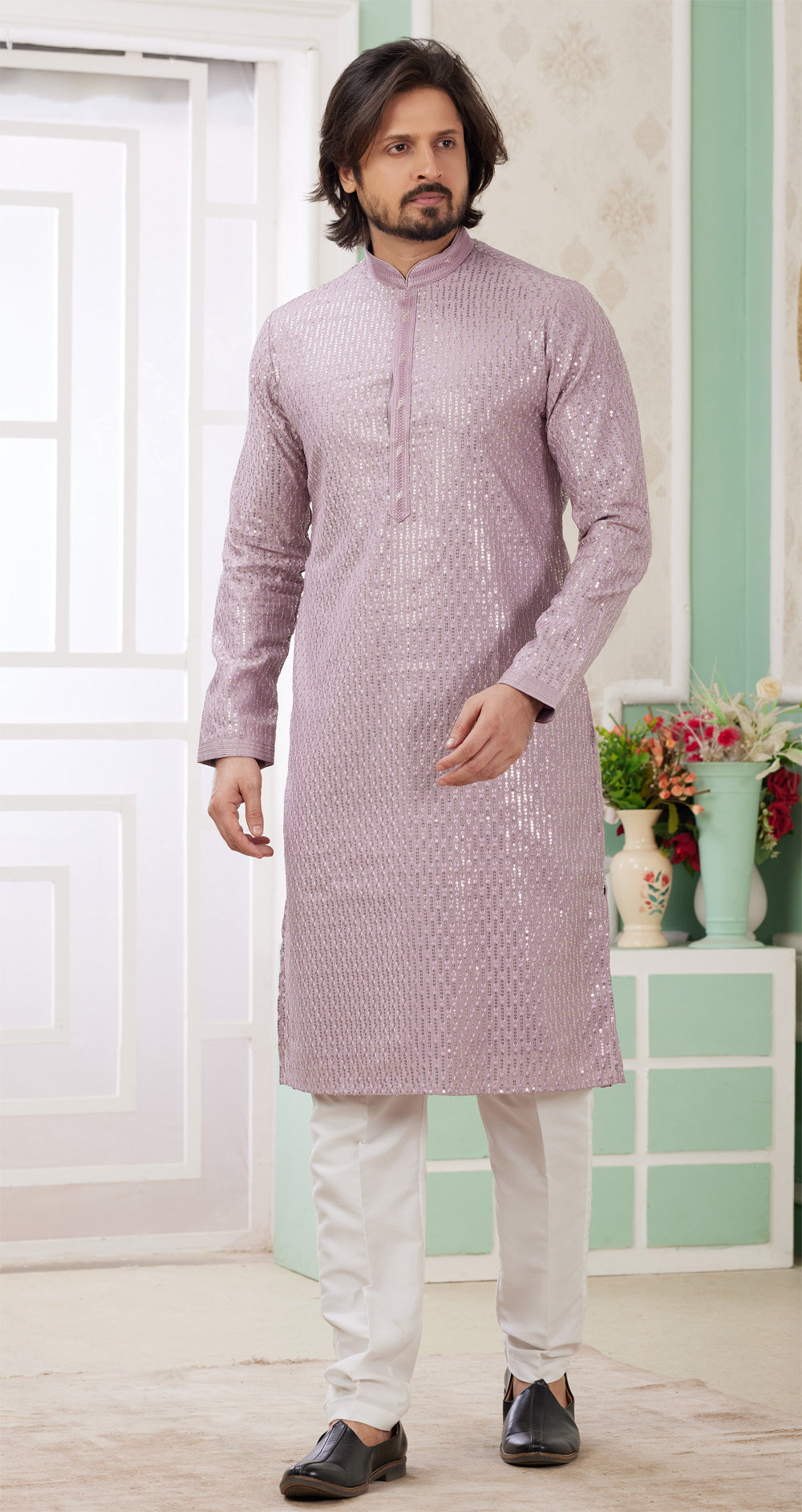 Purple Embroidered Art Silk Kurta Pajama (NMK-8353) - Nihal Fashions