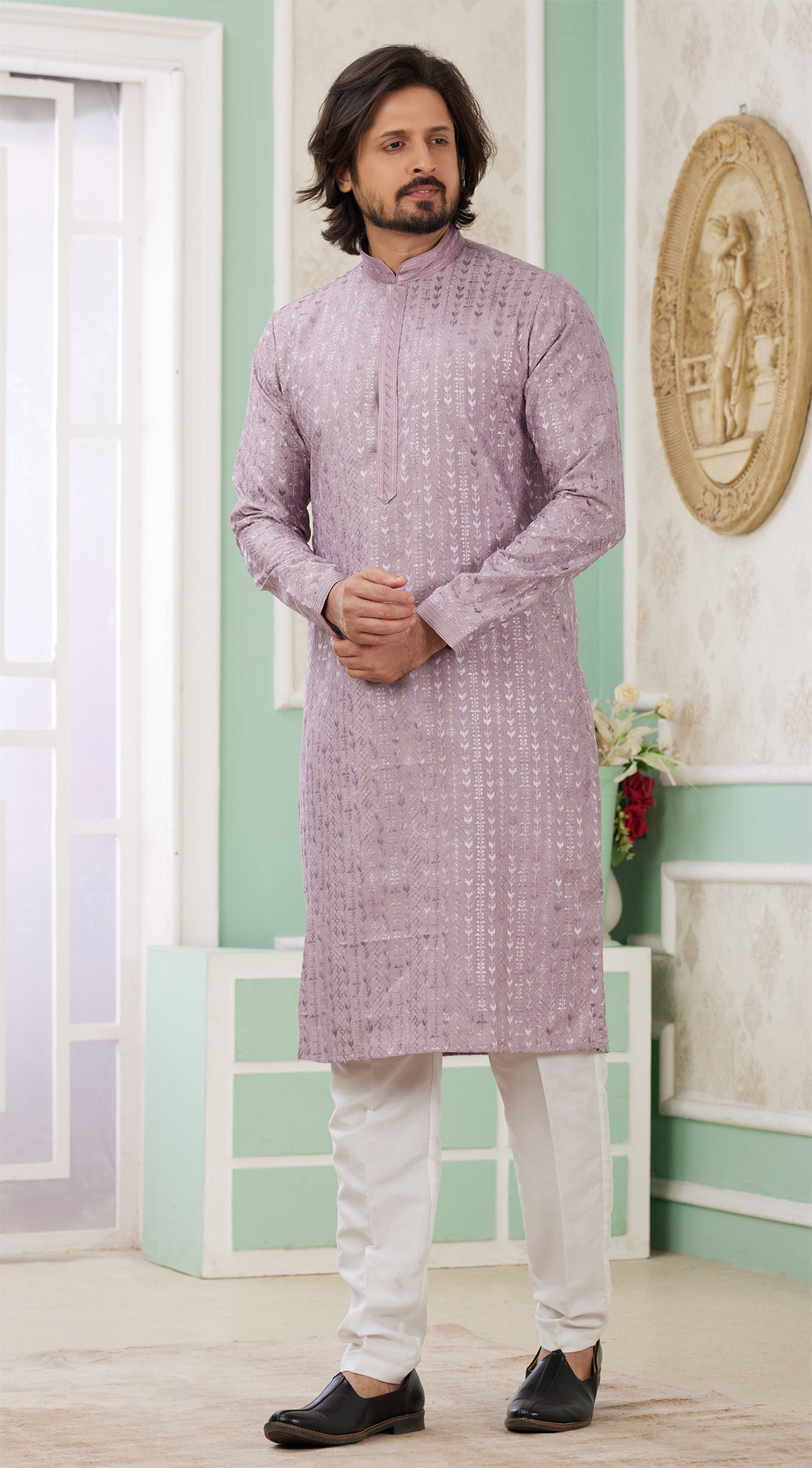 Purple Embroidered Art Silk Mens Kurta Pajama (NMK-8355) - Nihal Fashions