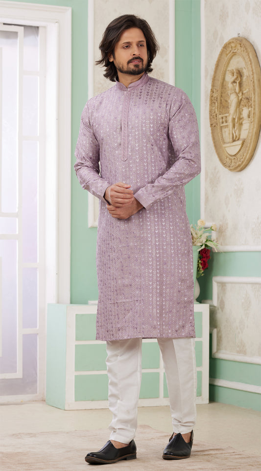 Purple Embroidered Art Silk Mens Kurta Pajama (NMK-8355) - Nihal Fashions