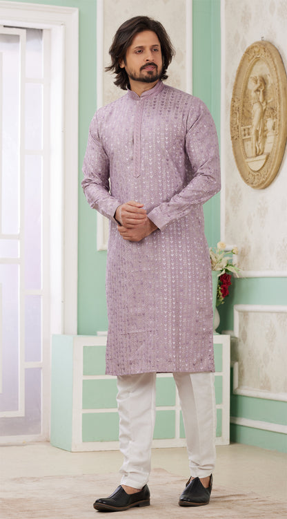 Purple Embroidered Art Silk Mens Kurta Pajama (NMK-8355) - Nihal Fashions