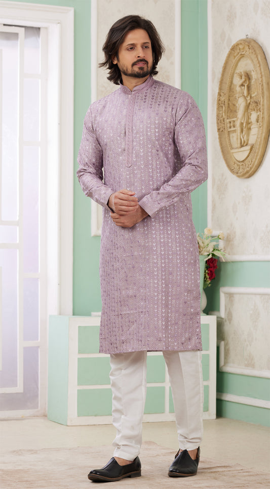 Purple Embroidered Art Silk Mens Kurta Pajama (NMK-8355) - Nihal Fashions