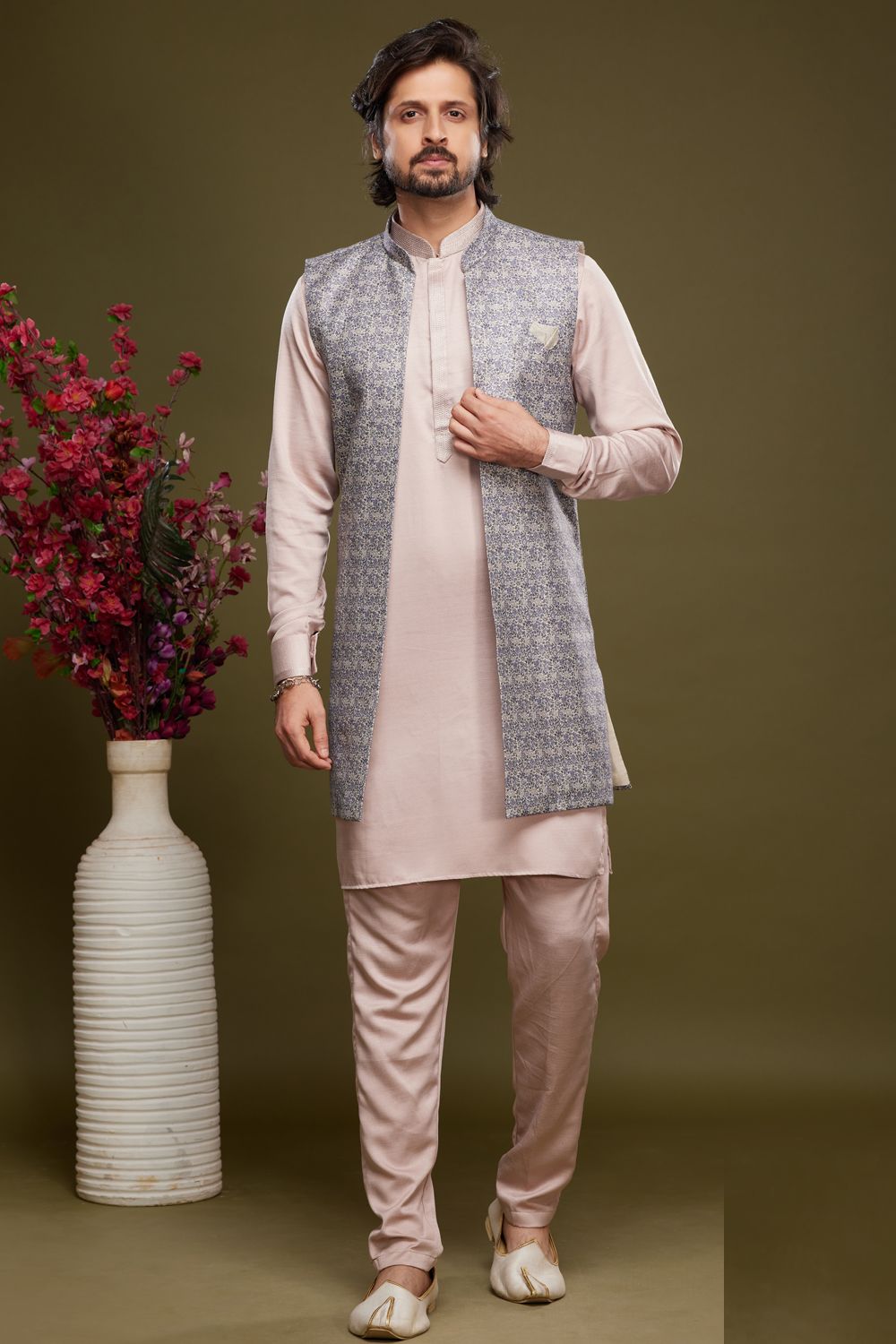 Purple Grey Art Silk Digital Printed Jacket Kurta (NMK-7087) - Nihal Fashions