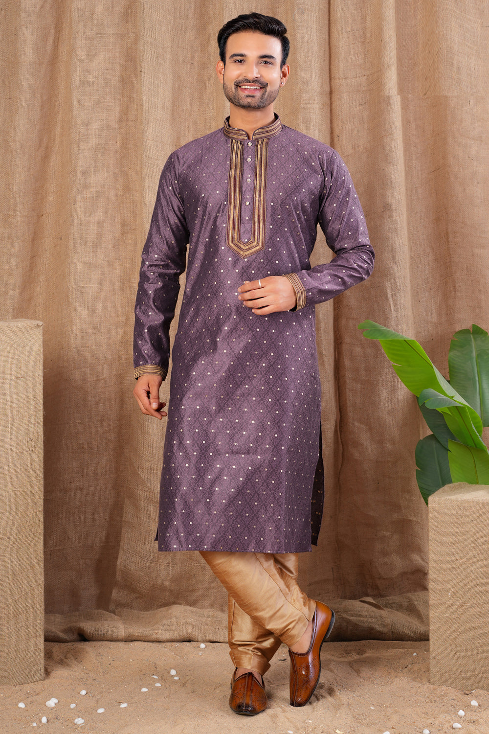 Purple Jaquard Kurta Pajama (NMK-8500) - Nihal Fashions