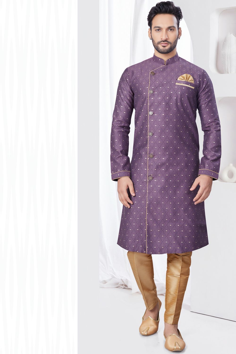 Purple Jaquard Mens Indo Western (NMK-7838) - Nihal Fashions