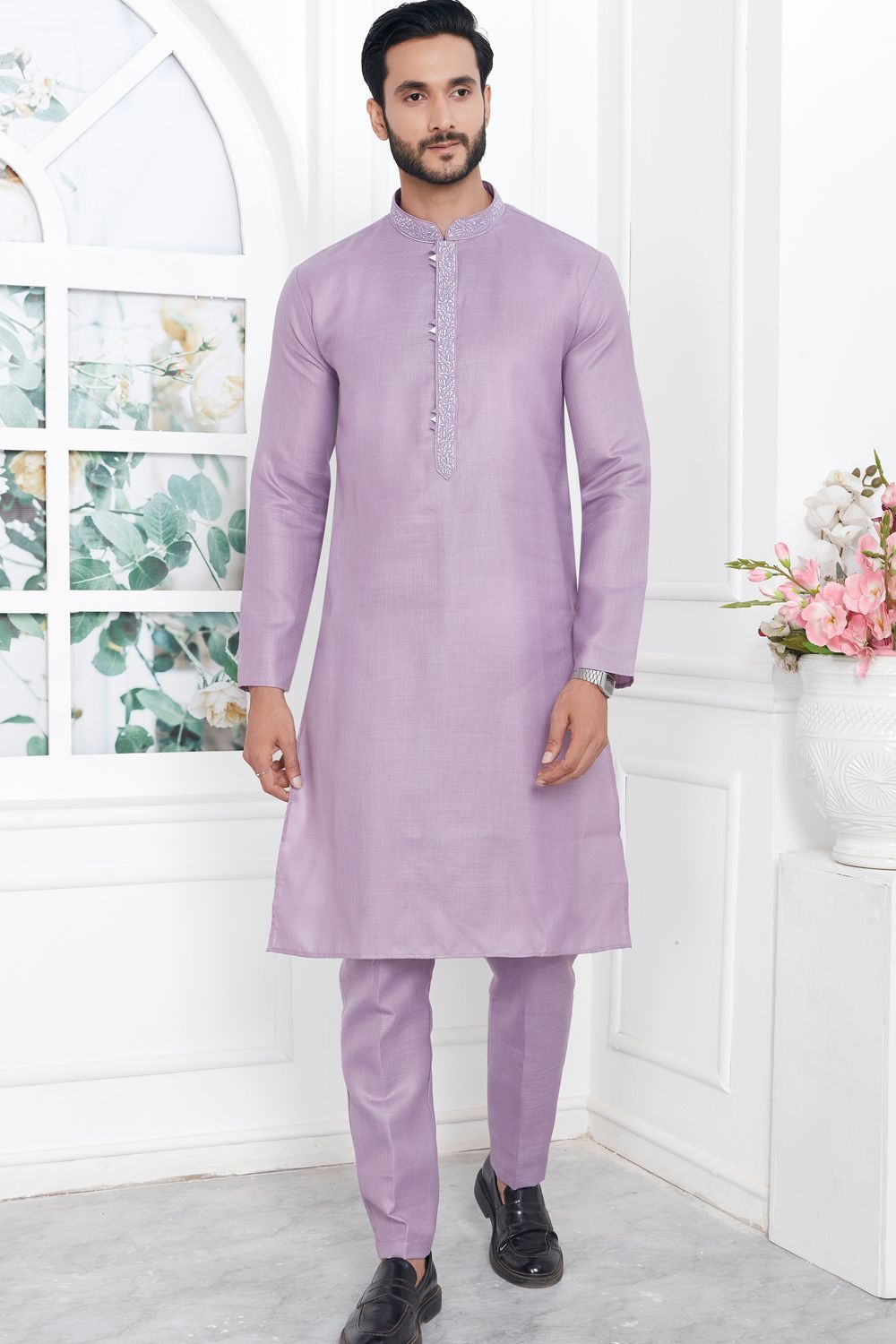 Purple Linen Cotton Kurta Pajama (NMK-7591) - Nihal Fashions