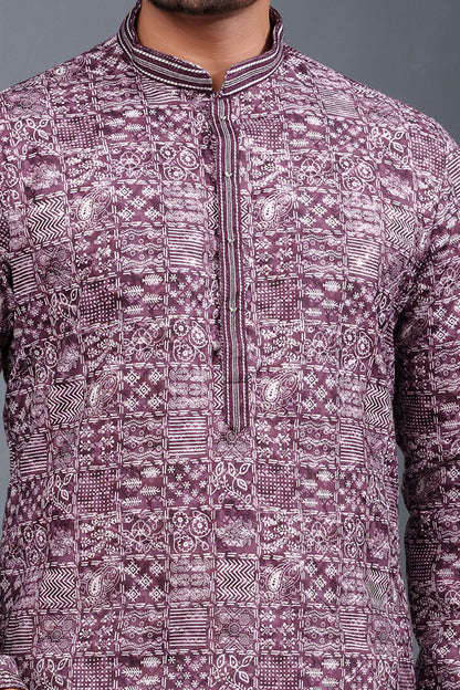 Purple Printed Cotton Silk Kurta Pajama (NMK-8773) - Nihal Fashions