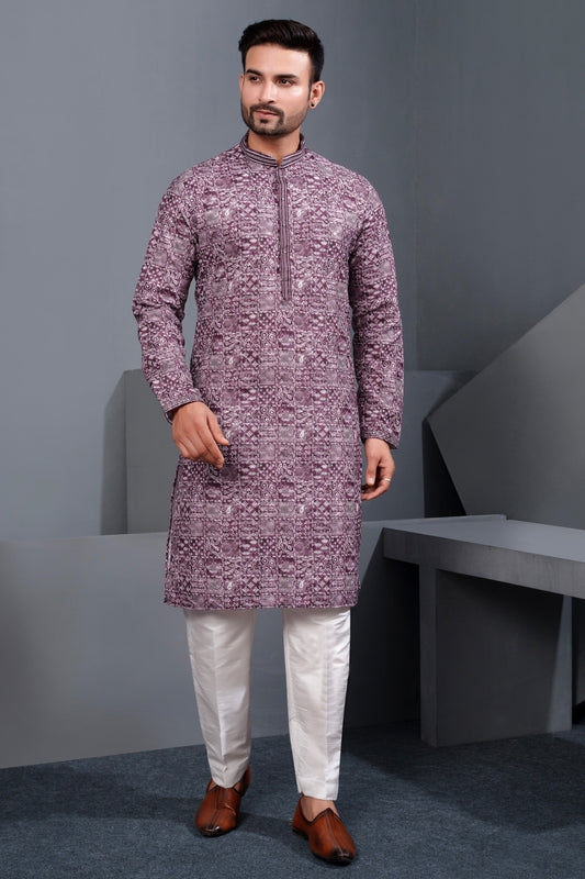 Purple Printed Cotton Silk Kurta Pajama (NMK-8773) - Nihal Fashions