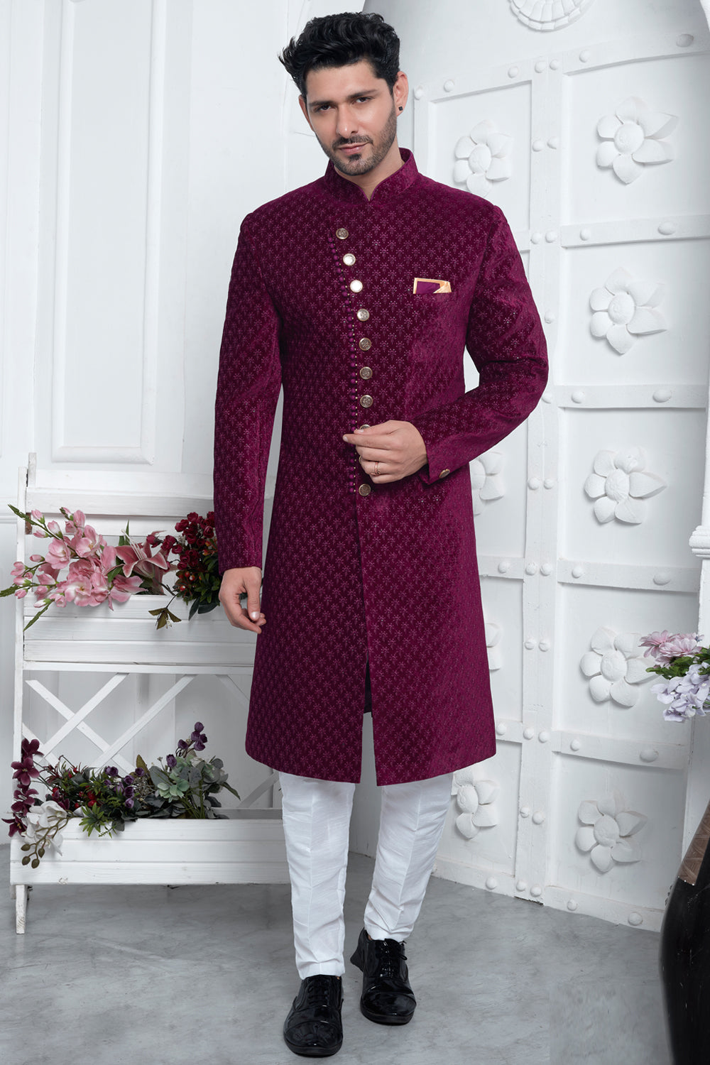 Purple Velvet Silk Sherwani for Men (NMK-7881) - Nihal Fashions