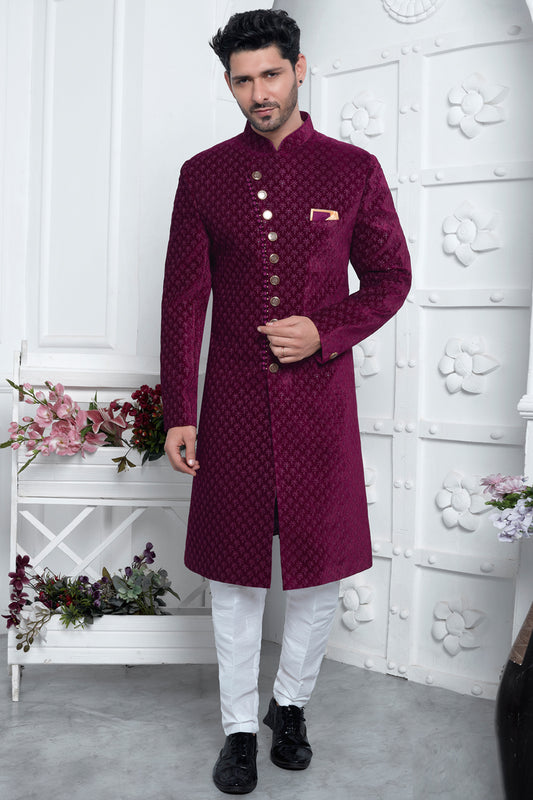 Purple Velvet Silk Sherwani for Men (NMK-7881) - Nihal Fashions