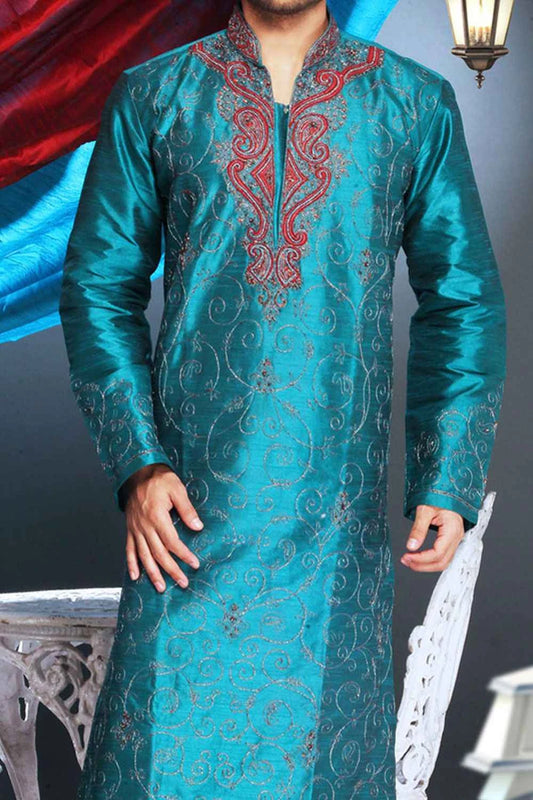 Rama Blue Art Dupion Kurta Pajama (NMK-1585)