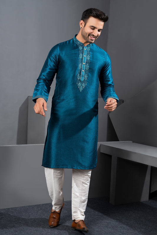 Rama Blue Banglori Silk Kurta Pajama (NMK-8740) - Nihal Fashions