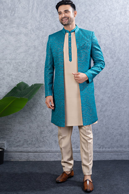 Rama Blue Imported kurta with jacket (NMK-8444) - Nihal Fashions