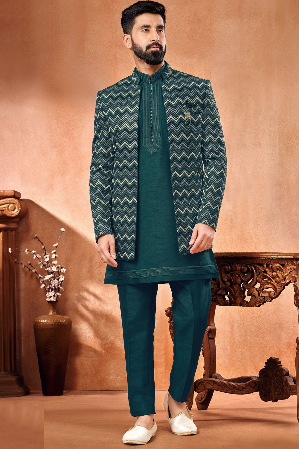 Rama Green Banarasi Silk Mens Jodhpuri (NMK-7250) - Nihal Fashions