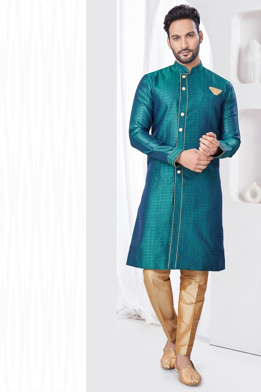 Rama Green Jaquard Indo Western (NMK-7845) - Nihal Fashions