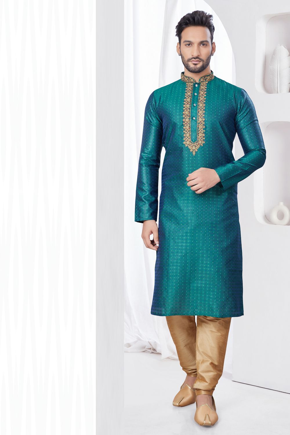 Rama Green Jaquard Kurta Pajama (NMK-7803) - Nihal Fashions