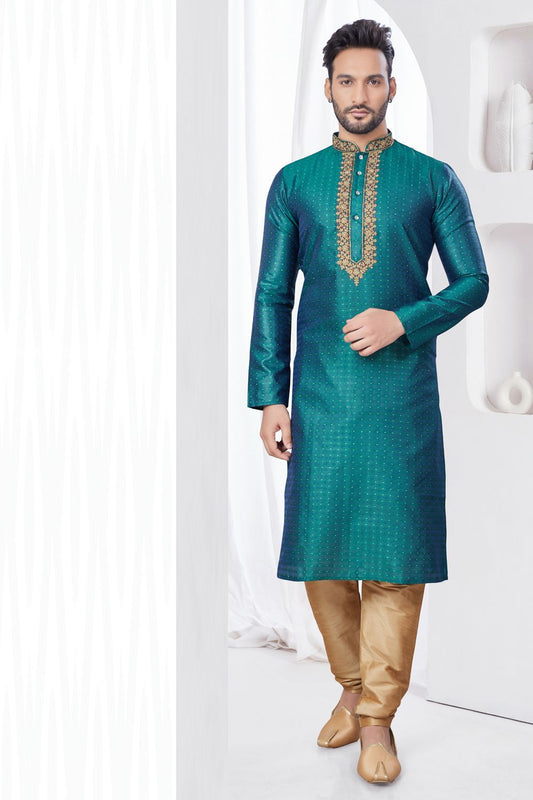 Rama Green Jaquard Kurta Pajama (NMK-7803) - Nihal Fashions