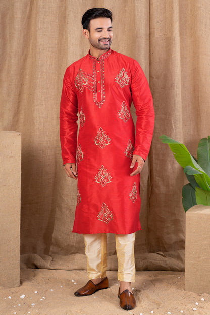 Red Art Silk Kurta Pajama (NMK-8505) - Nihal Fashions