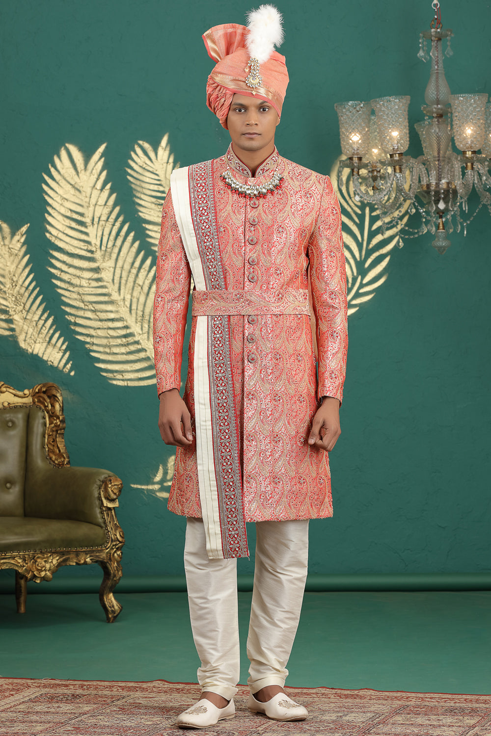 Red Banarasi Jaquard Wedding Sherwani (NMK-8611) - Nihal Fashions