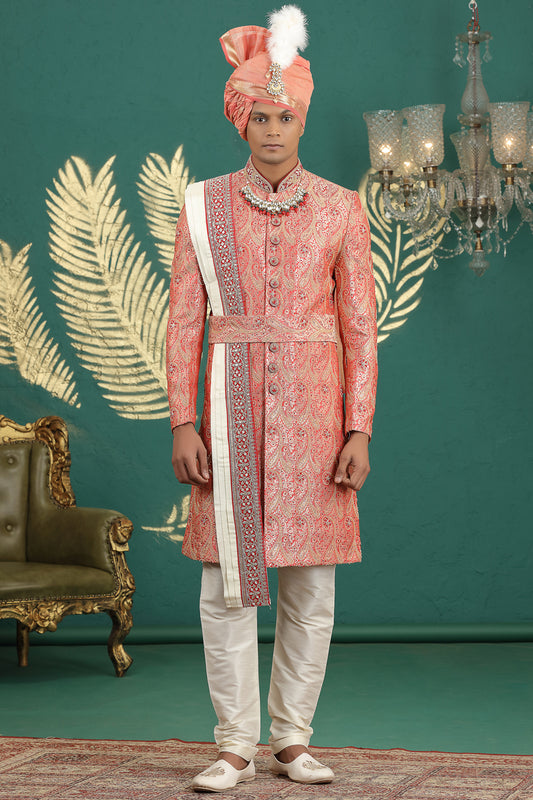 Red Banarasi Jaquard Wedding Sherwani (NMK-8611) - Nihal Fashions