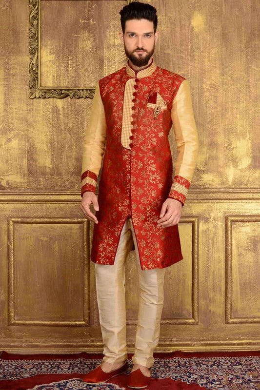 Red Jaquard Silk Brocade Men Indo western (NMK-3581)